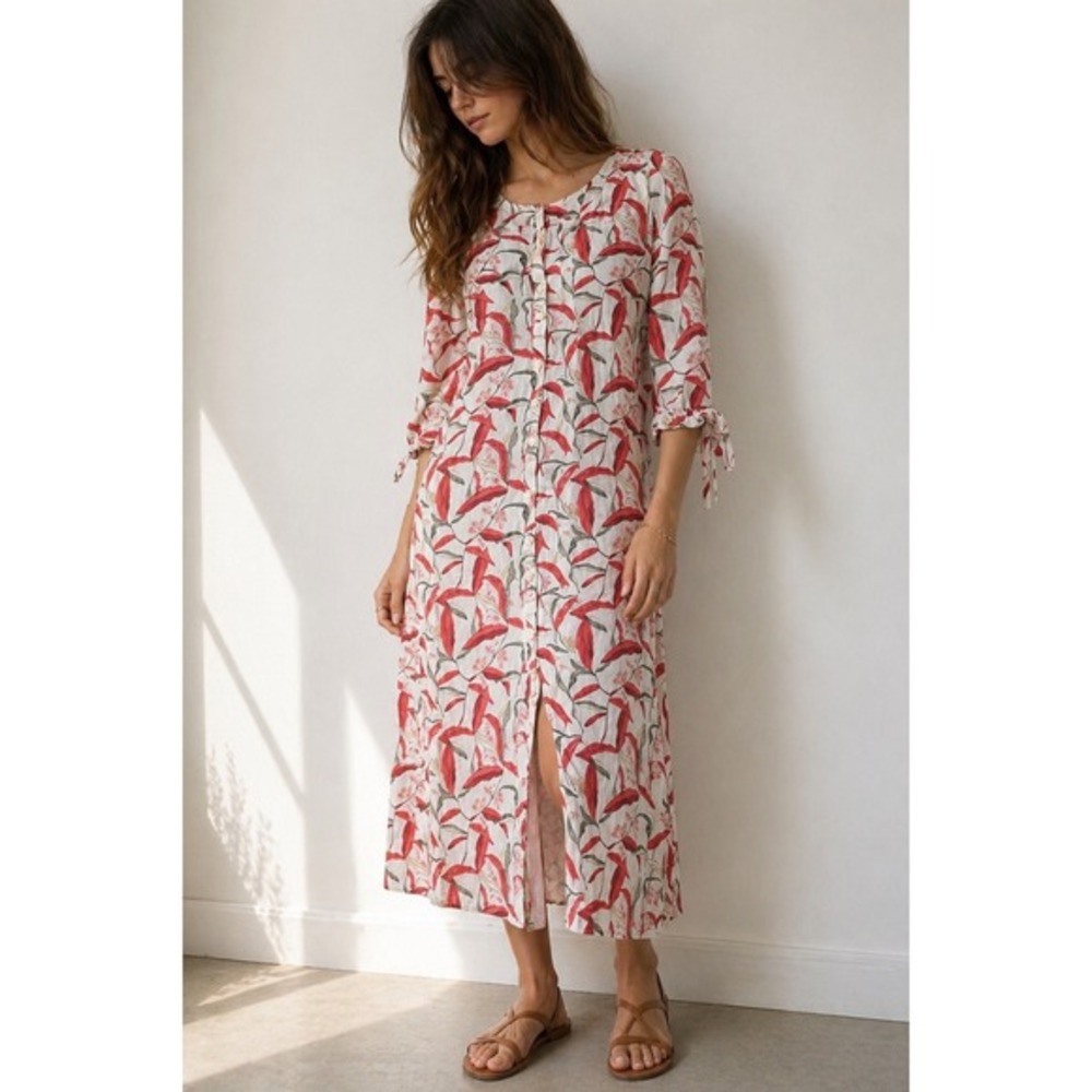 Sita Murt Red White Floral Midi Dress Small Button‎ Front Slit Euro Summer